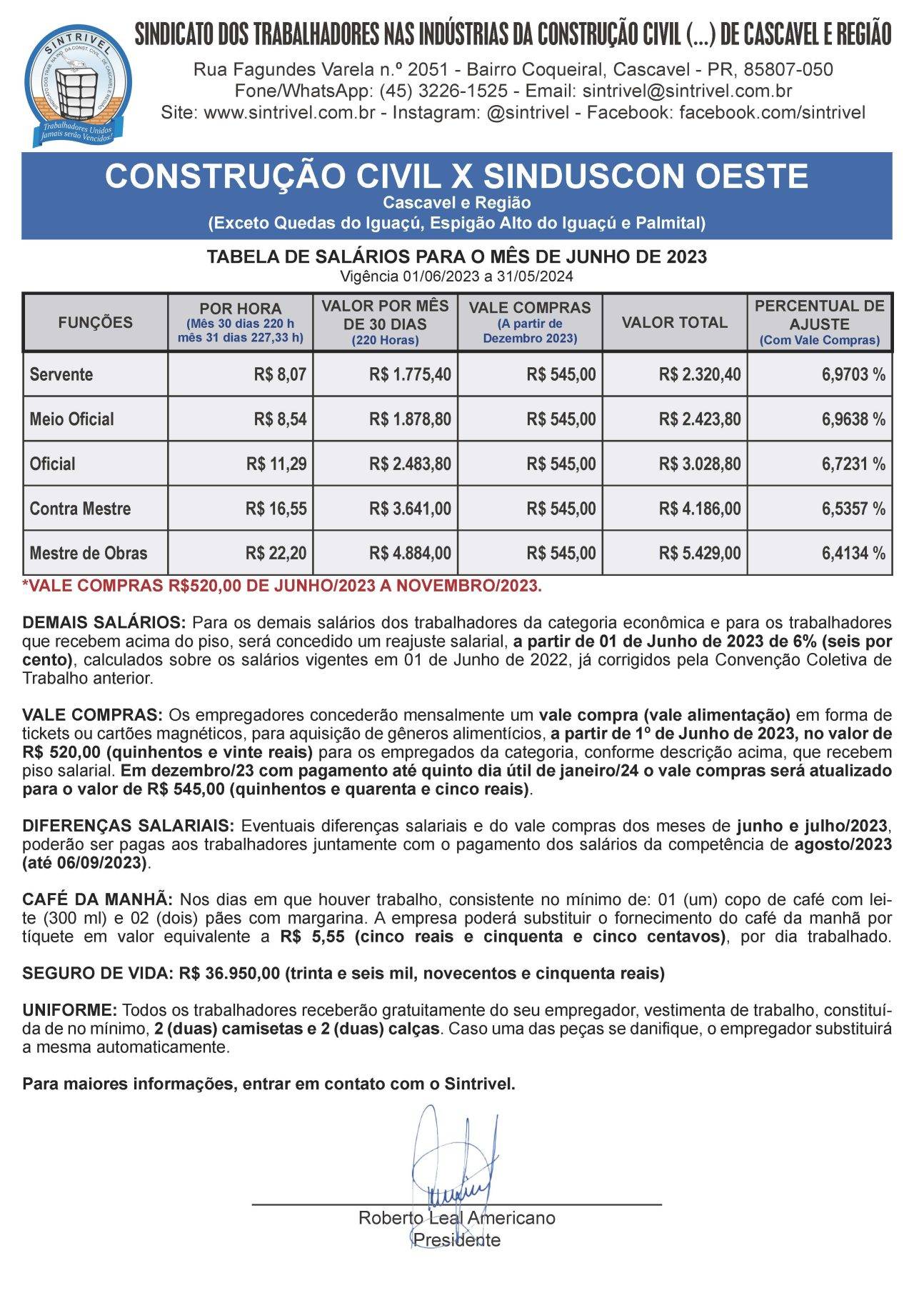 TABELA SALARIAL 2023/2024 CONSTRUÇÃO CIVIL X SINDUSCON OESTE Sintrivel